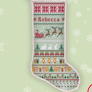 Patrón de punto de cruz personalizado para calcetín navideño con nombre, trineo de Papá Noel y renos. Bordado contado n.° 504.