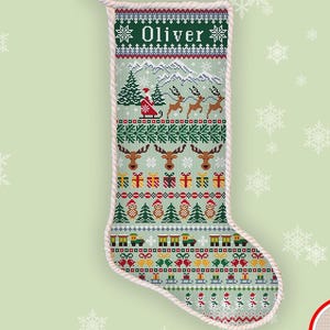 May include: A Christmas stocking with a counted cross-stitch design. The stocking features a green background with images of Santa, reindeer, gifts, and trees. The name "Oliver" is stitched at the top. The words "COUNTED CROSS STITCH" and "INSTANT DOWNLOAD PDF" are also visible.