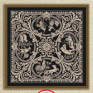 May include: Framed cross-stitch pattern with a black background and beige floral and animal designs. The design includes a rooster, a deer, and figures within oval frames. The frame is gold-colored. The image also includes the text "Embroidery Patterns PDF" and "INSTANT DOWNLOAD PDF".