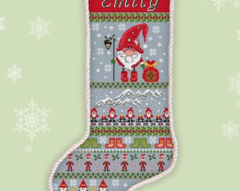 Personalized Christmas Gnomes Stocking Cross Stitch Pattern Holiday Mistletoes Snowflakes Counted Embroidery #520