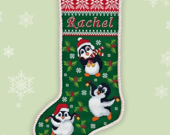 Penguin Christmas Stocking Cross Stitch Pattern Personalized Holiday Embroidery Design #526