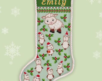 Personalized Christmas Sheep Stocking Cross Stitch Pattern Funny Santa Sock Counted Embroidery #528