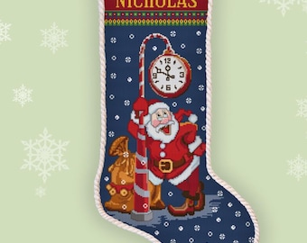 Personalized Santa Claus Stocking Cross Stitch Pattern Christmas Embroidery Holiday Counted Xstitch #540