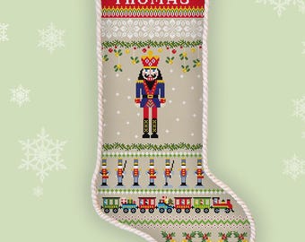 Personalized Christmas Stocking Cross Stitch Pattern Nutcracker Toy Trains Tin Soldiers Counted Embroidery #871*