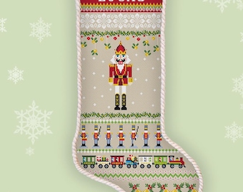 Personalized Nutcracker Stocking Cross Stitch Pattern Christmas Tin Soldiers Toy Trains Counted Embroidery #767
