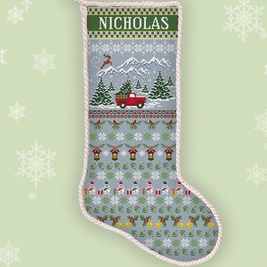 Christmas red truck stocking cross stitch pattern Personalized Santa sock Holiday stocking pick up truck xstitch Xmas car embroidery #894
