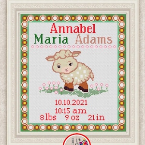 Personalized baby birth sampler cross stitch pattern Cute baby sheep lamb embroidery design DIY baby girl newborn gift xstitch chart #413*