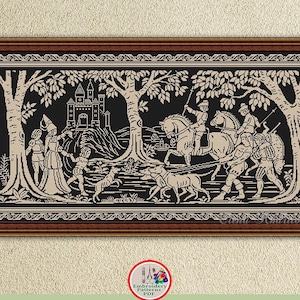 May include: Black and white embroidery pattern featuring a medieval scene with a castle, people on horseback, and a group of people walking through a forest. The pattern is framed in a black and brown frame.