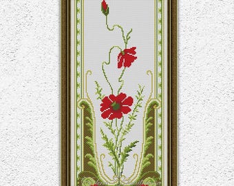 Rote Blumen Kreuzstichmuster Floral Jugendstil Vintage Stickerei Zählmuster #2042