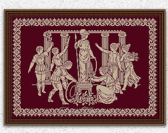 Ancient monochrome sampler counted cross stitch pattern Greek mythology xstitch chart Historical embroidery Antique cross stitch #2007