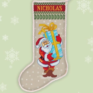 Christmas Santa stocking cross stitch pattern Personalized stocking embroidery design Santa Claus with Xmas gift xstitch chart #539