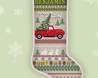 Personalized Christmas Red Truck Stocking Cross Stitch Pattern Custom Santa Sock Counted Embroidery #522