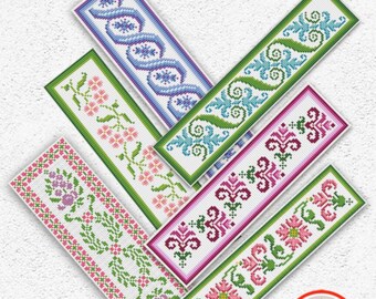 Set of 6 bookmarks cross stitch pattern Colorful floral bookmark sampler xstitch chart Flower leaves Antique ornament embroidery design #140