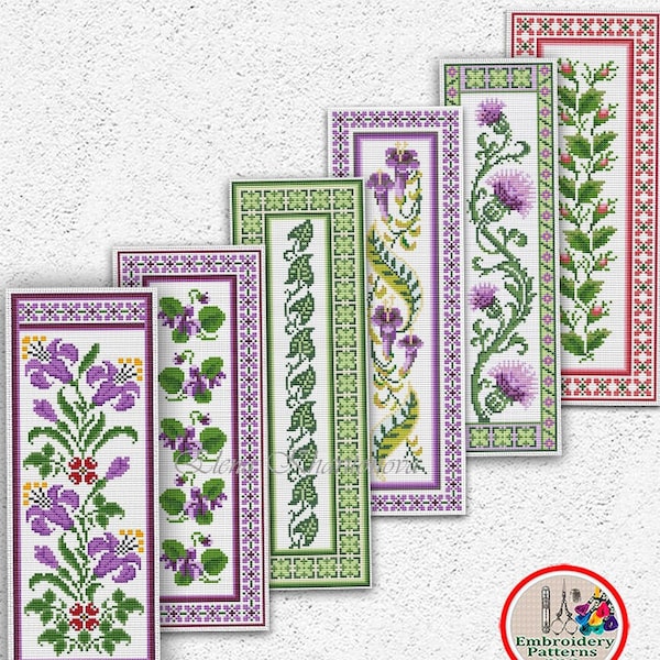 Set of 6 floral bookmarks cross stitch patterns Flowers leaves bookmark samplers embroidery Thistle Bellflowers Violets xstitch chart #531