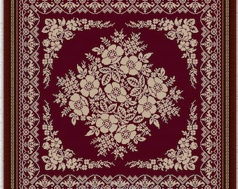 Könnte beinhalten: Ein digitales Stickmuster mit einem floralen Design auf burgunderfarbenem Hintergrund und einem weißen Rahmen. Das Muster ist für Kreuzstich und als sofortiger Download im PDF-Format verfügbar.