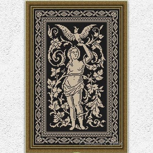 Monochrome ancient goddess cross stitch pattern Woman with bird monochrome sampler embroidery design Antique counted xstitch chart #2067
