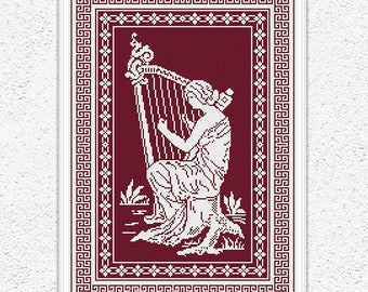 Monochrome sampler counted cross stitch pattern Ancient woman playing harp embroidery design Antique ornament xstitch chart #330