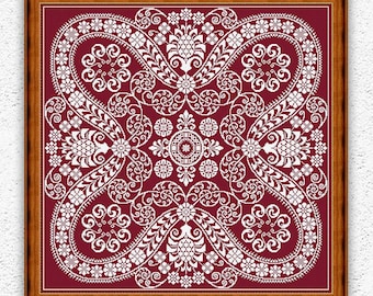 Könnte beinhalten: Ein weißes Stickmuster mit rotem Hintergrund, gerahmt in braunem Holz. Das Muster zeigt ein symmetrisches Design mit komplizierten floralen Motiven und Paisley-Formen. Der Text "Embroidery Patterns PDF" ist in einem Kreis am unteren Rand des Bildes sichtbar.