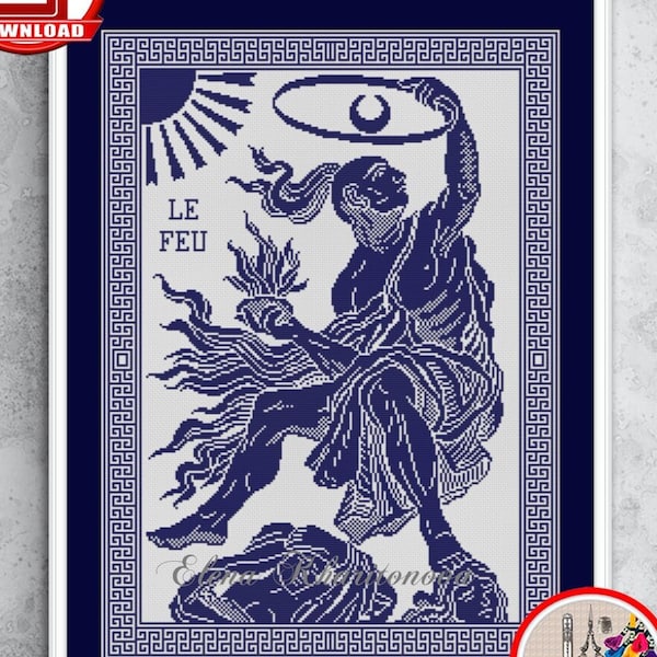 Monochrome sampler counted cross stitch pattern Le feu Fire god embroidery design Antique ornament xstitch chart Digital download #193