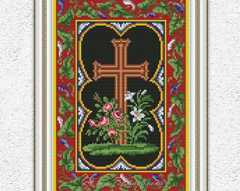 Patrón de punto de cruz contado de cruz cristiana, diseño de bordado de cruz floral religiosa, muestrario antiguo, gráfico de punto de cruz n.° 861