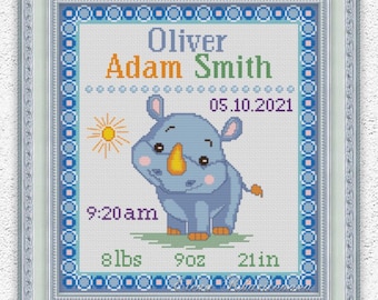 Personalized Baby Birth Sampler Cross Stitch Pattern Rhino Embroidery Nursery Decor Counted Xstitch #417*