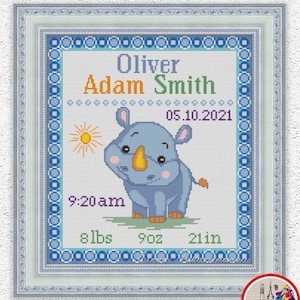 Amostra de nascimento de bebê personalizada, padrão de ponto cruz, design de bordado de rinoceronte fofo para bebê, decoração de parede de berçário para bebê menino, gráfico de pontos x #417*