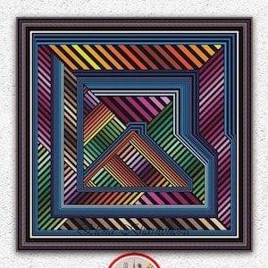 Patrón de punto de cruz geométrico colorido Diseño de bordado de cuadrados a rayas Laberinto de ilusión óptica Gráfico de punto de cruz Descarga digital n.° 529