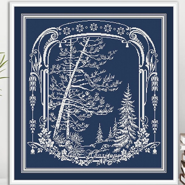 Monochrome scenery cross stitch pattern Nature Trees Spruce Forest Wood embroidery Antique sampler counted xstitch #92*