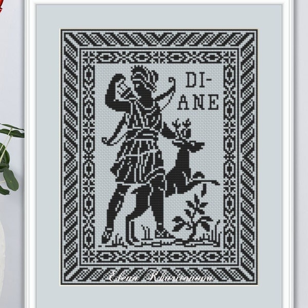 Monochrome sampler cross stitch pattern Diana the Huntress embroidery design Goddess cross stitch Antique ornament xstitch chart #171