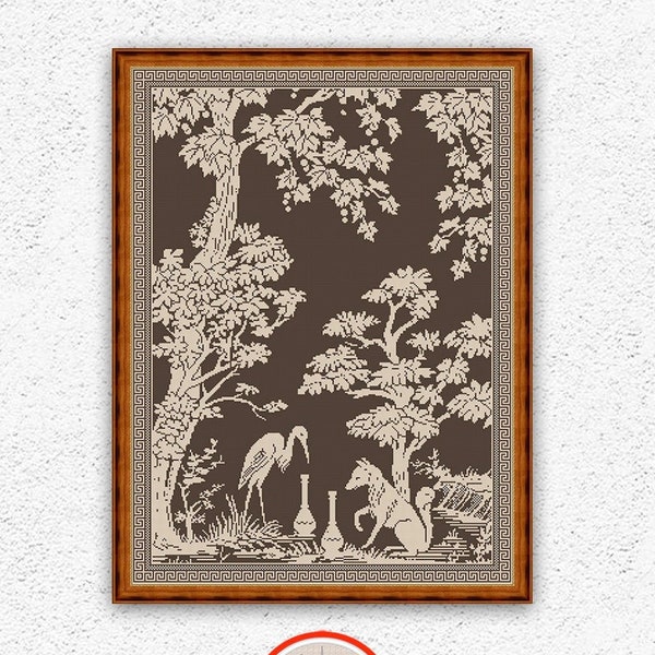 Crane invited Fox counted cross stitch pattern Fable cross stitch Monochrome sampler embroidery design Nature Trees xstitch chart #566