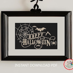 Happy Halloween monochrome sampler cross stitch pattern Spiders web Bats counted xstitch chart Spooky embroidery design #712*