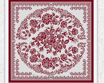 Monochrome roses counted cross stitch pattern Flowers cross stitch Floral square embroidery design Pillow Cushion cover xstitch chart #208*