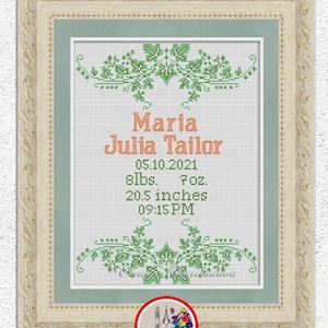 Anúncio de nascimento personalizado padrão de ponto cruz ornamento frondoso amostrador de nascimento bordado design diy chá de bebê presente xstitch gráfico #402