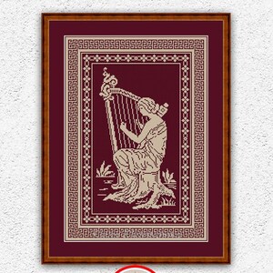 Greek muse monochrome sampler cross stitch pattern Ancient woman with harp embroidery #330