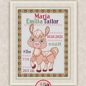 Padrão de ponto cruz para anúncio de nascimento personalizado Design de bordado de lhama para bebê fofo Amostra de nascimento de menina Gráfico de pontos x Decoração de berçário #411