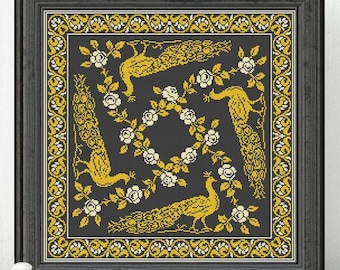 Peacocks cross stitch pattern Birds cross stitch Antique sampler xstitch chart Floral roses ornament Square embroidery design #95