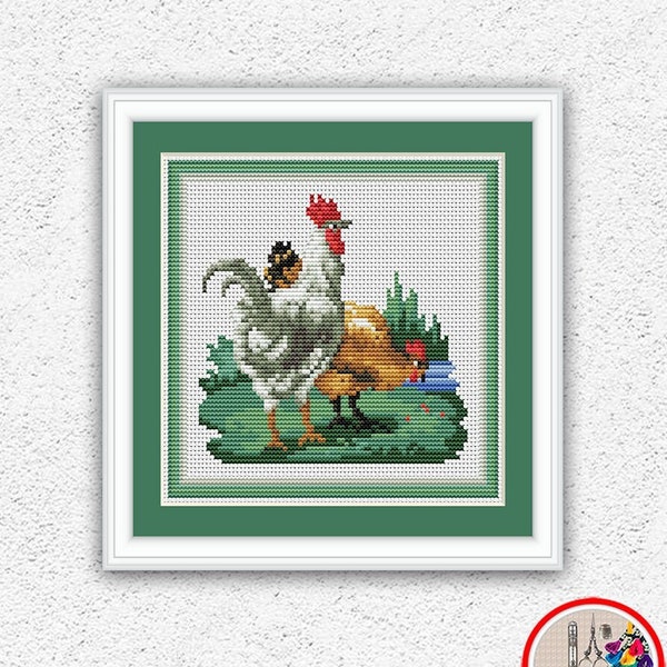 Modèle antique coq et poule compté, point de croix, oiseaux, point de croix, pays, motif de broderie vintage, poulet, xstitch, n° 505