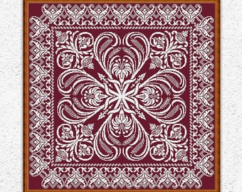 Monochroom bloemensteekproef geteld kruissteekpatroon Bloemen Bladeren Vierkant borduurontwerp Antiek ornament x-steekkaart #600