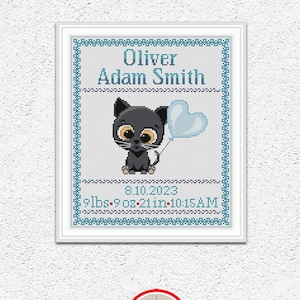 Lindo gatito contado patrón de punto de cruz Anuncio de nacimiento personalizado muestra de bordado Nuevo bebé niño registro de nacimiento gráfico xstitch #423