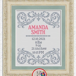 Amostrador de nascimento personalizado, padrão de ponto cruz, bebê menino, menina, anúncio de nascimento, bordado, design diy, chá de bebê, presente, gráfico xstitch #401