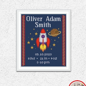 Espaço personalizado status de nascimento para bebê menino ponto cruz padrão anúncio de nascimento bordado design planeta estrelas foguete nave espacial xstitch #695