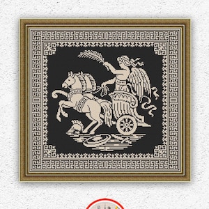 Sampler monocromo contado patrón de punto de cruz Diosa punto de cruz Diseño de bordado de mitología antigua Estilo antiguo xstitch chart #390