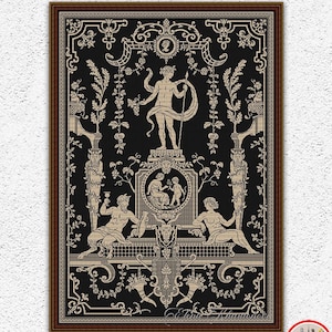 May include: A black and white embroidery pattern featuring a classical design with a central figure standing on a pedestal surrounded by floral motifs and cherubs. The pattern is framed in a brown wood frame.