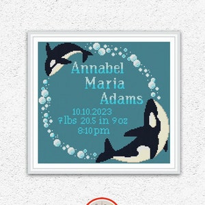Muestra de nacimiento de bebé personalizada patrón de punto de cruz Burbujas Ballenas Orca bordado Decoración de pared de vivero náutico nuevo registro de bebé xstitch gráfico #691