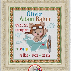 Baby bear birth sampler cross stitch pattern Bear flying on airplane xstitch chart Personalized birth announcement embroidery design #415