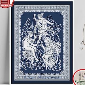 May include: A blue and white embroidery pattern featuring three women in a cloud-like setting. The pattern is surrounded by a decorative border.