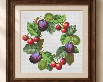 Fruit Wreath Cross Stitch Pattern Cherries Plums Vintage Embroidery Antique Sampler Counted Xstitch #509
