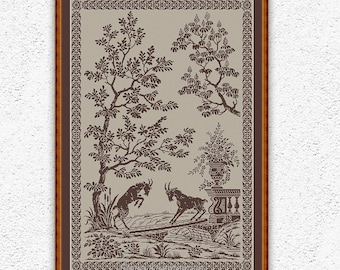Two goats counted cross stitch pattern Monochrome sampler embroidery Trees Animals Nature cross stitch Antique ornament xstitch chart #590