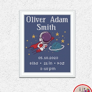 Personalizado anúncio de nascimento ponto cruz padrão espaço nascimento stat para bebê menino bordado astronauta estrelas berçário decoração da parede xstitch #694