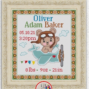 Amostrador de nascimento de bebê personalizado padrão de ponto cruz contado urso de bebê voando em avião xstitch gráfico decoração de parede de berçário design de bordado #415 *